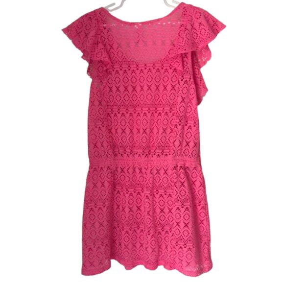 Justice Swim Hot Pink Ruffle Lace Swimsuit Cover up Elastic Tie Girl's 12 #M - Picture 2 of 6